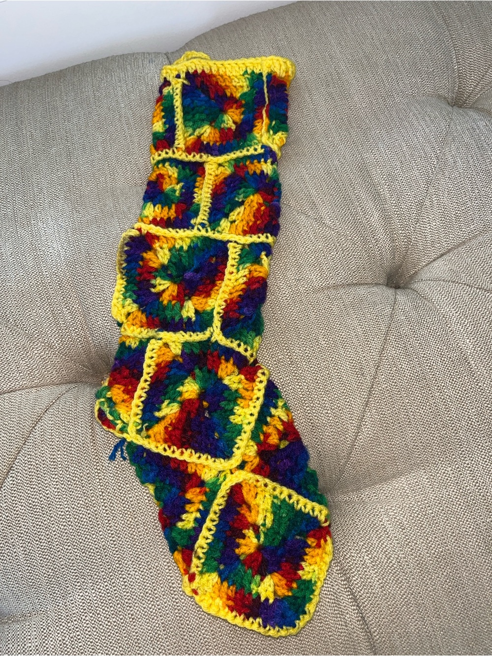Handmade Multicolor Crochet Christmas Stocking - Yellow Trim